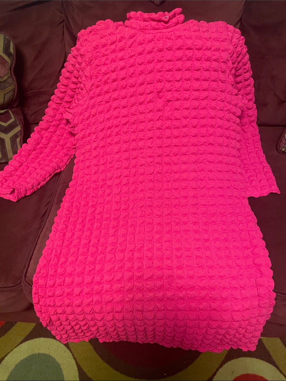 Textured Bubble Knit Long Sleeve Dress in Bright Pink